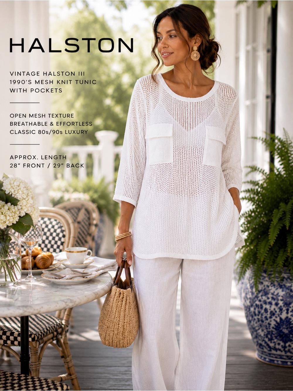 Halston III Vintage White Open Mesh Knit Tunic Top Pockets USA,Coastal, Size L